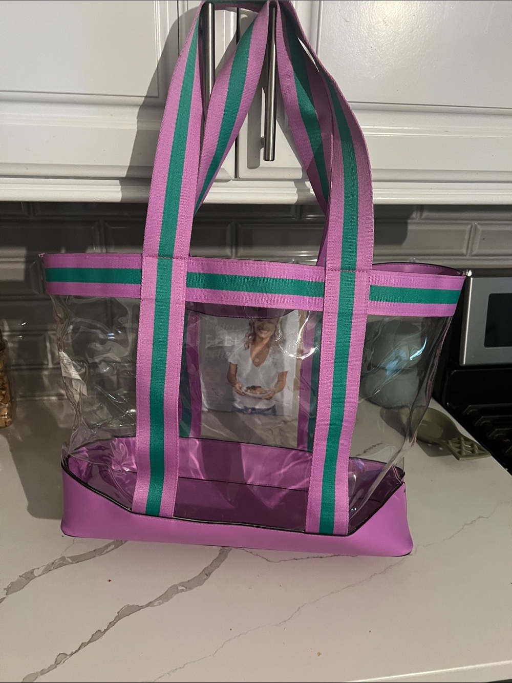 Clear Tote Bag with Pink & Green Straps